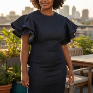 Chic Long Sleeve Navy Dress with Ruffle Details